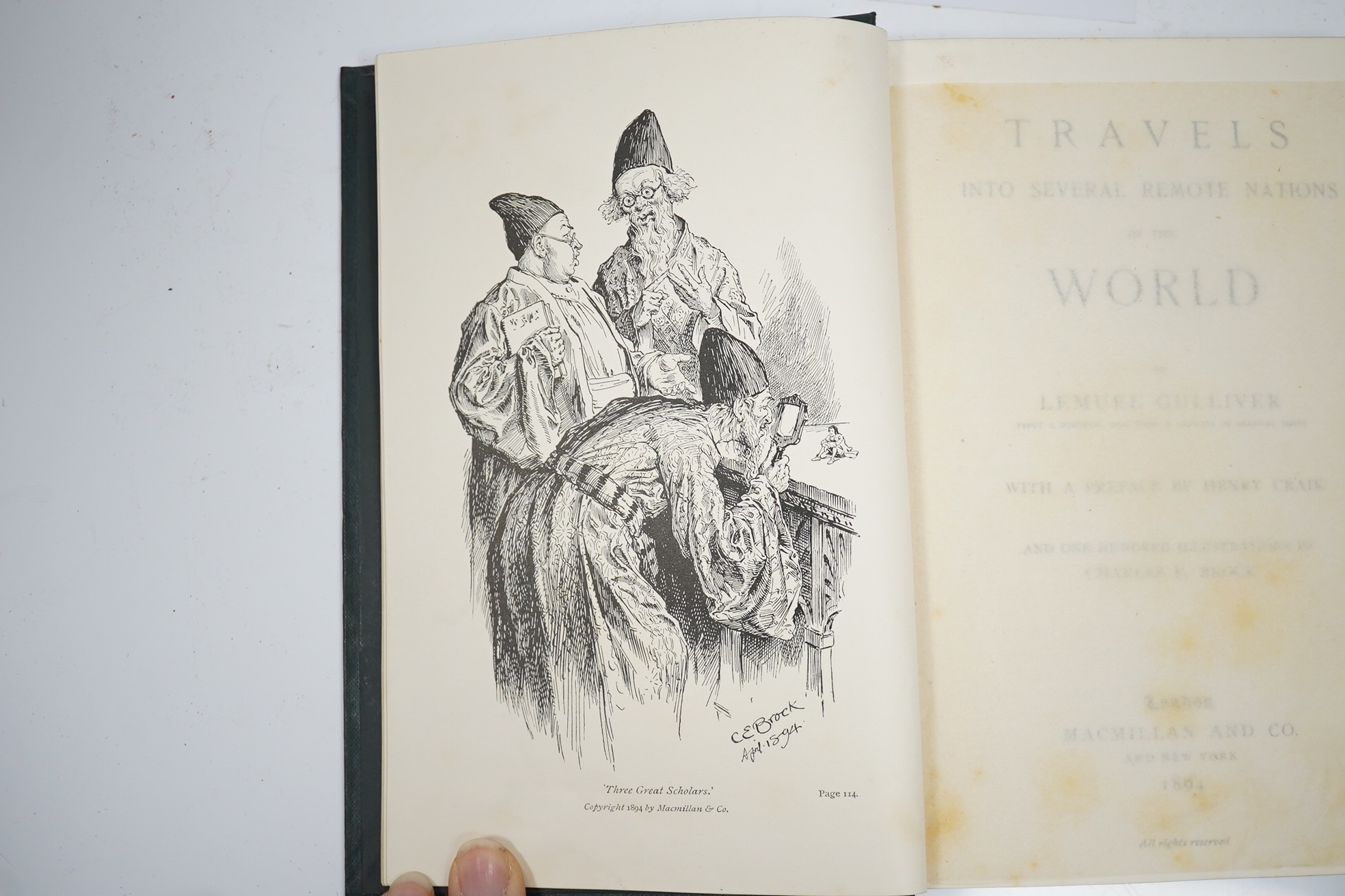 [Swift, Jonathan] Travels into Several Remote Nations of the World. By Lemuel Gulliver ... one hundred illustrations by Charles E. Brock. frontis and engraved illus. (some full page); original gilt pictorial cloth and ge
